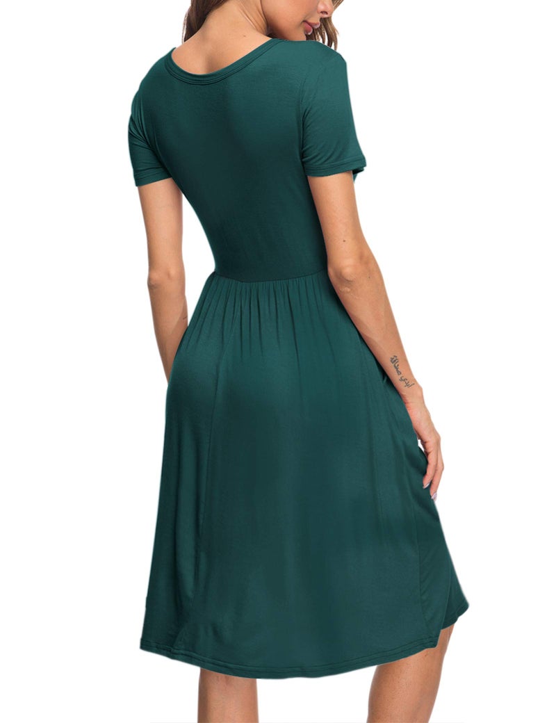 AUSELILY Women's Short Sleeve Empire Waist Dress Pleated Loose Swing Knee Length Dresses with Pockets 2026 New Dark Green L - Image 5